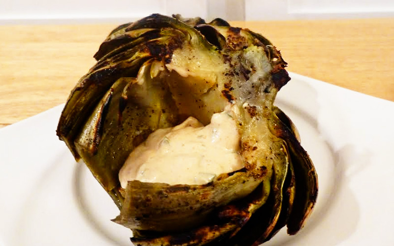 Grilled Marinated Artichokes with Harissa and Basil Dipping Sauce